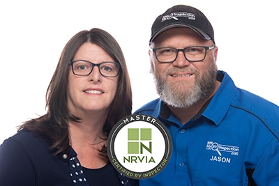 Jason and Lisa Carletti Headshots NRVIA Master RV Inspector logo