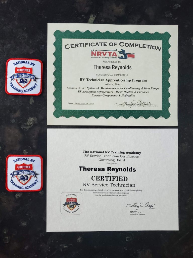 Certified-RV-Tech-Credentials - Theresa Reynolds - Road Tech RV LLC